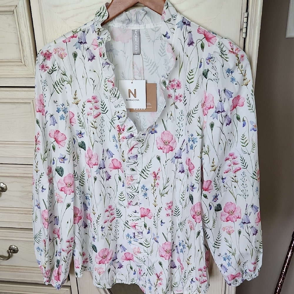 White and Pink Ruffled Blouse with 3/4 Sleeves